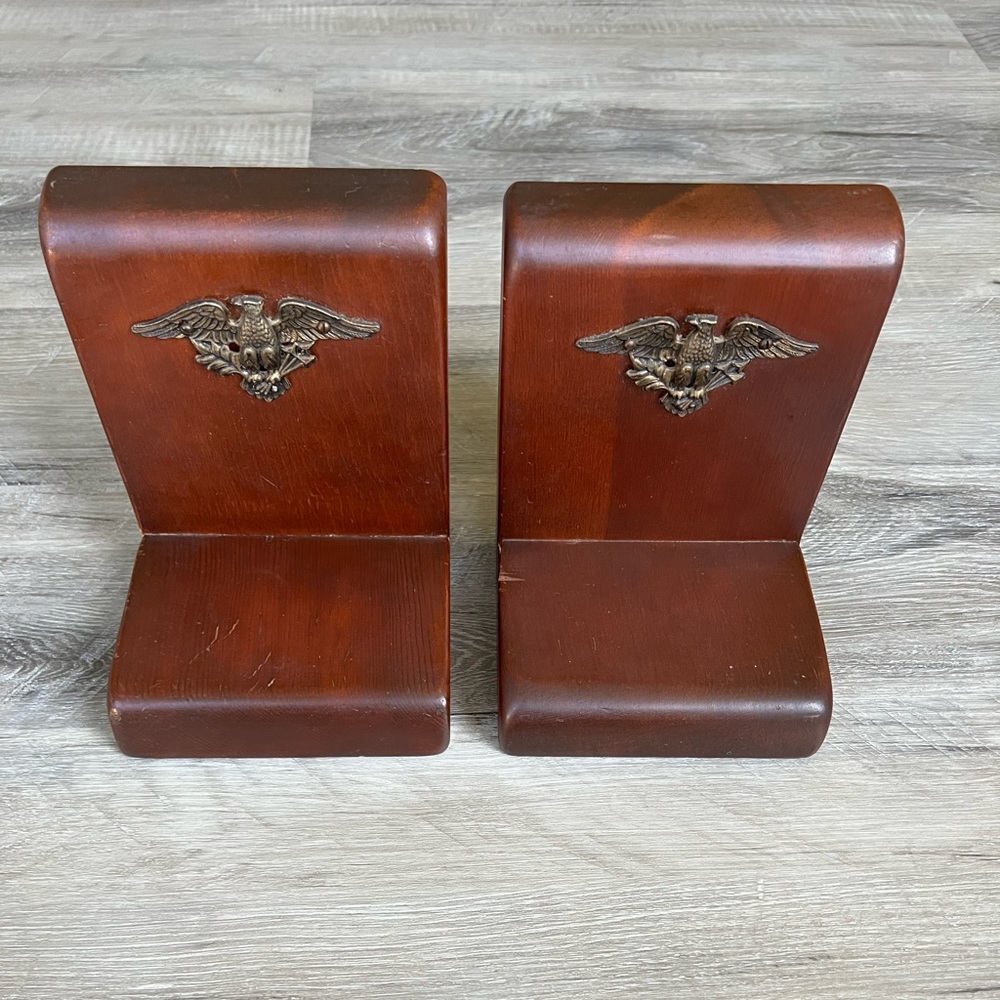 Vintage Wood Book Ends with Eagle Medallion